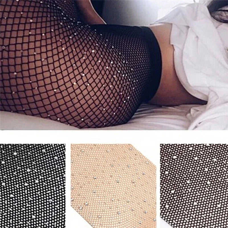 Fishnet Diamond Pantyhose Women Fashion Shiny Net Tights Female Slim Rhinestone Mesh Nylon Stockings Tights