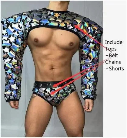 Club Party Show Performance costume Bar Nightclub sexy Technology show men RED Mirror Sequins Muscle Man Pole Dance Outfits