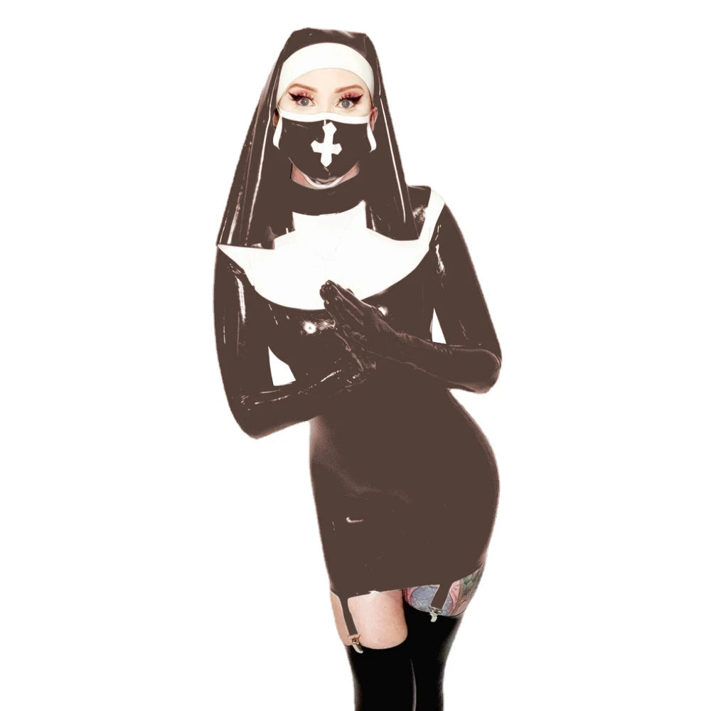 Sexy Nun Cosplay Long Sleeve Bodycon Mini Garter Dress Vinyl PVC Leather High Neck Nun Dress Outfit Halloween Nun Uniform Suit
