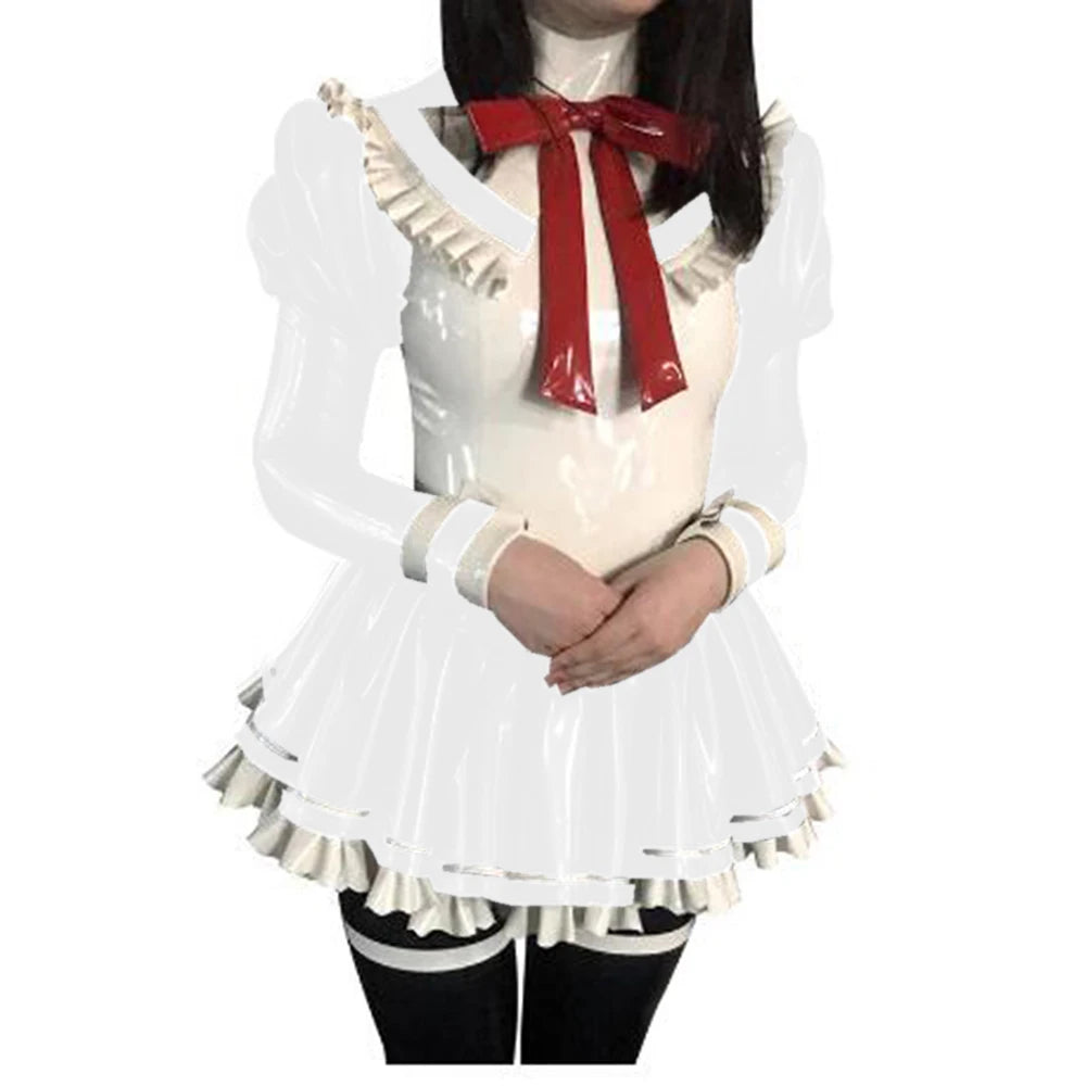Cosplay Custom Mini Dress Sexy Faux Latex French Maid Club Dresses Long Puffs Sleeves Ruffles PVC Uniform Outfit Clubwear