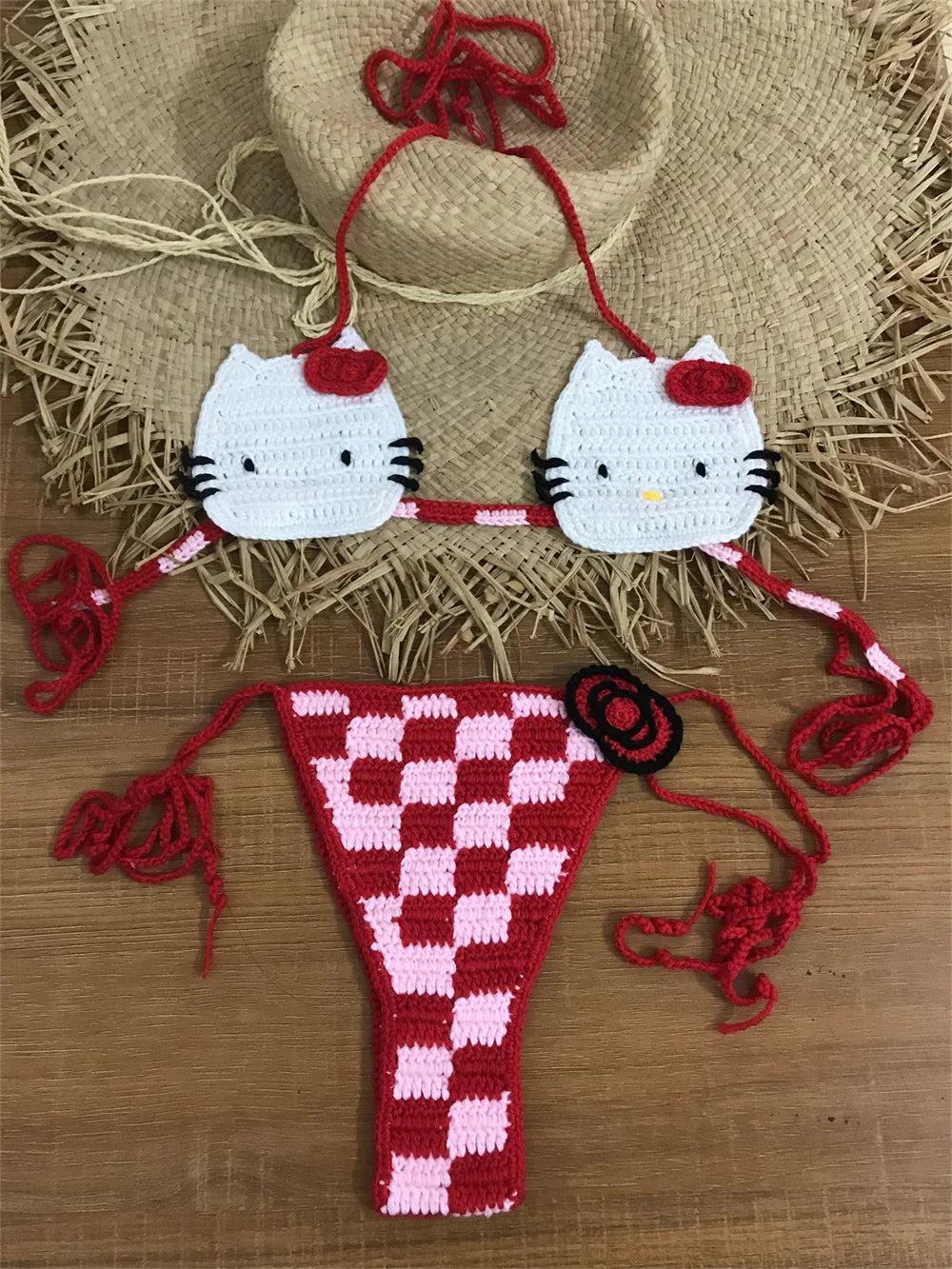 100% Handmade Crochet Brown Bikini Set Swimwear Beachwear Outfit Island Crochet Bikini Bow Cute Bathing Suit Women DIY clothing