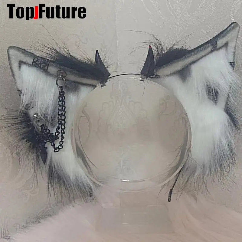 Harajuku Halloween Gothic Punk Lolita Devil's Horn Wolf Ear Demon Cosplay Handcraft Anime Party Costume Hairband headband