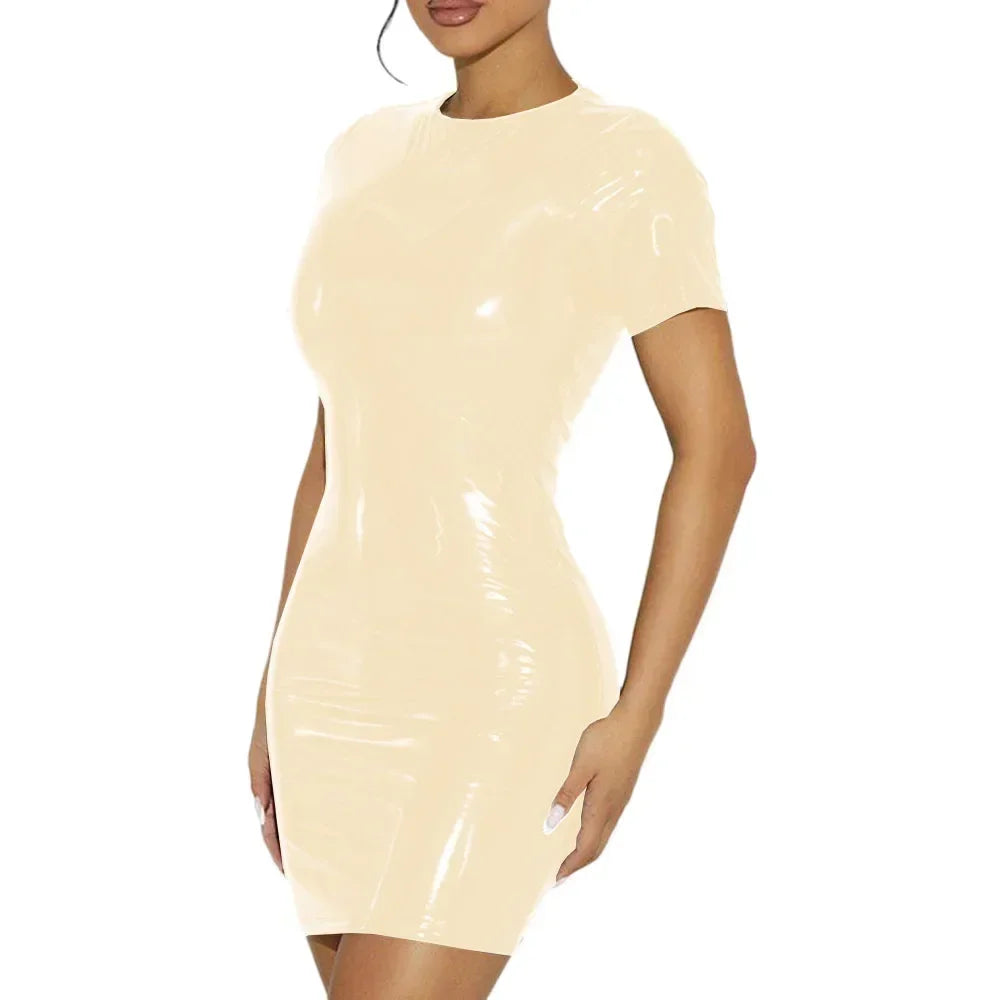 Plus Size Short Sleeve Summer Dress PVC Leather Tight Solid Pencil Mini Dress for Women Sexy Bodycon Dress Casual Daily Wear 8XL