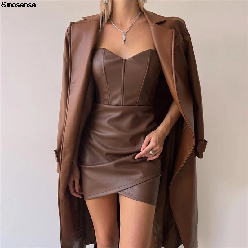 Women Bodycon Pu Leather Black Ruched Dress Sexy Strapless Faux Leather Tube Top Mini Dress Y2K Night Club Party Dress