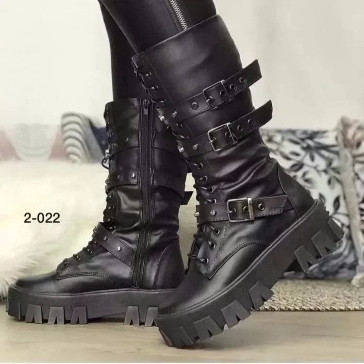 Luxury Brand Woman Boots Winter New Pu Leather Platform Fashion Lace Up Punk Gothic Booties Casual Work Shoes botines mujer