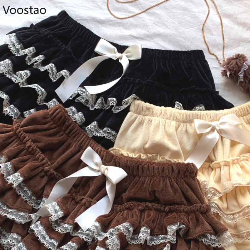Autumn Winter Sweet Lace Ruffles Women Lolita Safety Short Pants Cute Knickers Velvet Princess Underpants Girl Harajuku Bloomers