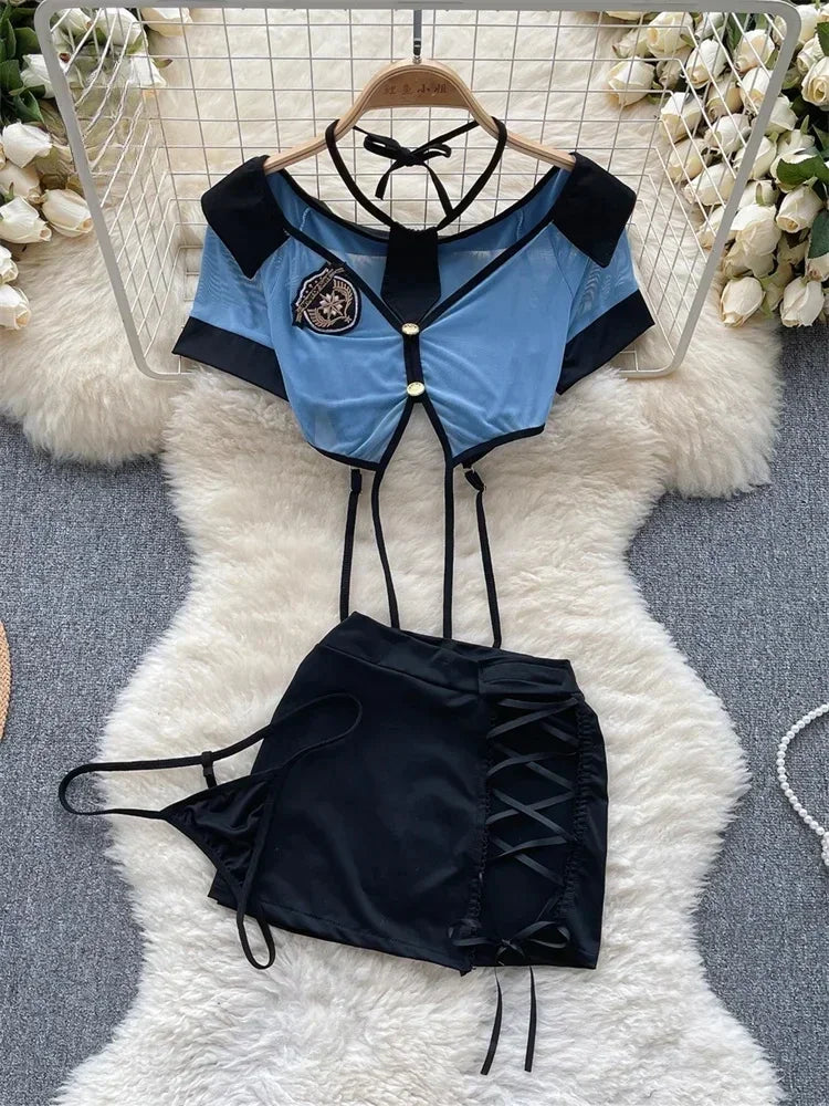 Toucheart Preppy Style Sexy Uniform Sets Women Sexy Uniform Suit Sheer Top+Lace Up Mini Skirt+Thongs Hollow Cosplay Porn Suits