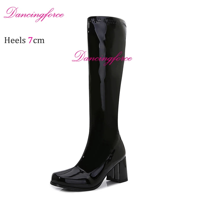 Orange Sexy Retro 60s 70s Gogo Boots 7cm Chunky Block Heel Club Knee High Boots CrossDressing Unisex Shoes Women