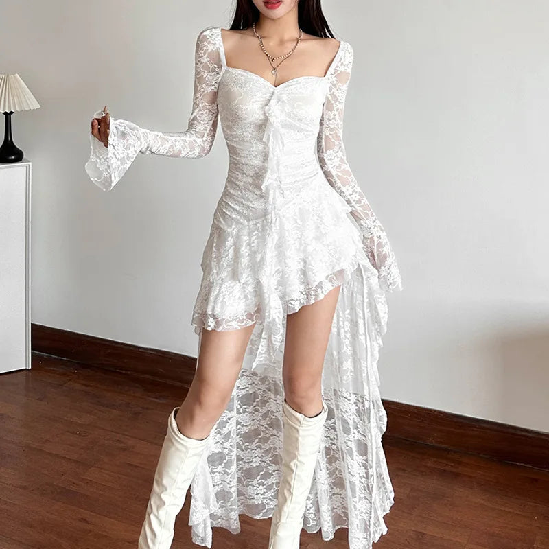 Goth Dark Fairycore Lace Flare Sleeve Square Neck A-line Dress Sweet E-girl Irregular Long Hem Dresses Cyber Y2K Party Vestido