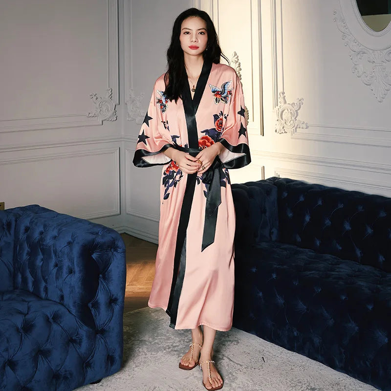 Oversize Long Robe Spring Summer Women Sleepwear Kimono Bathrobe Gown Sexy Satin Nightwear Nightgown Loose Home Dressing Gown