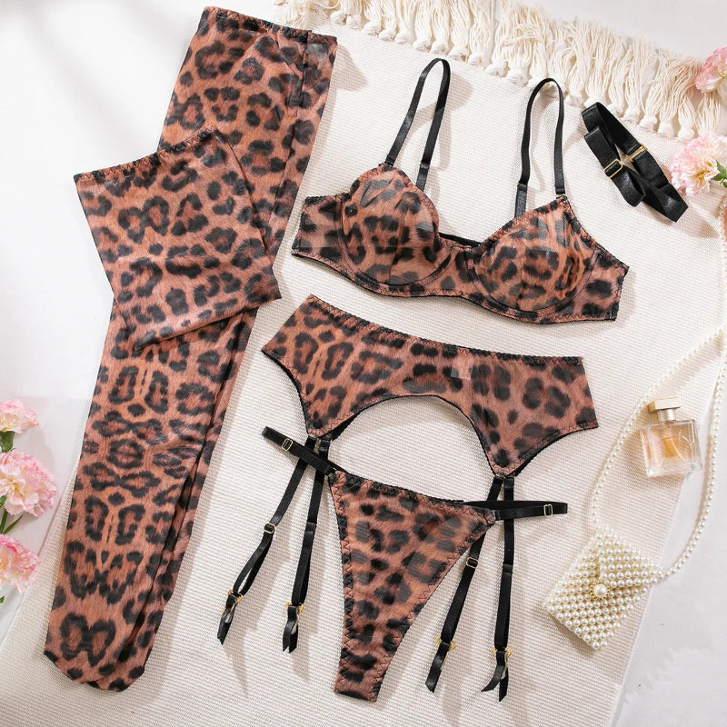 Toucheart 6-piece Push-Up Bra and Stockings Set Leopard Lingerie Sexy Support Seamless Hot Girl Underwear Bra Matching Sets New