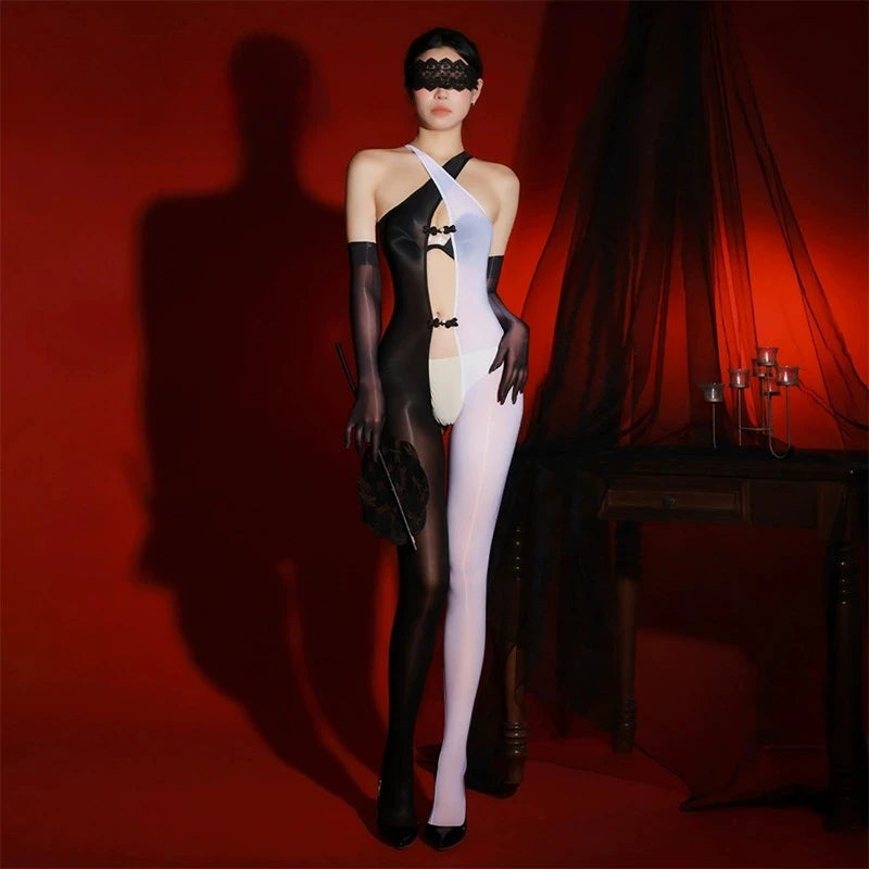 Cross Halter Backless Body Stockings Female Erotic Open Crotch Tights Women Sexy 8D Oil Shiny BodySuit Retro Blossom Buckle