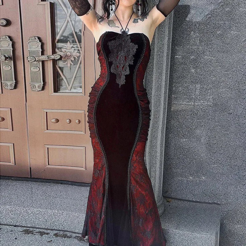 Goth Dark Ladies Elegant Fashion Tight Halter Mermaid Dresses Hotsweet Corset Mesh Maxi Dress Gothic Pleated Bodycon Party Gown