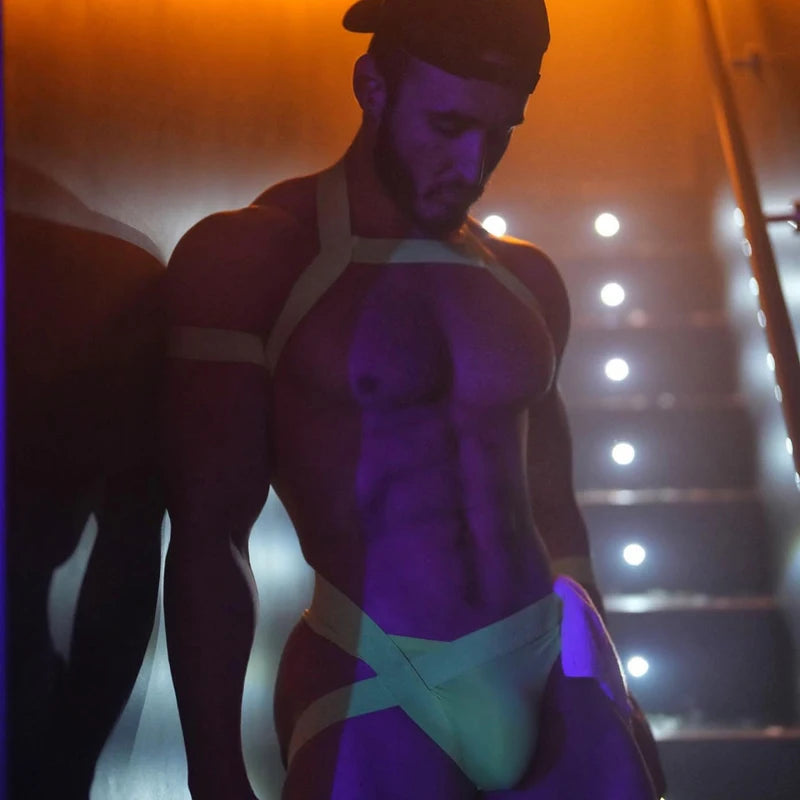 Muscle Men Sexy Pole Dance Clothes Rave Outfit Fluorescence Green Stretch Chest Strap Nightclub Dj Ds Dancer Costume VDB6098