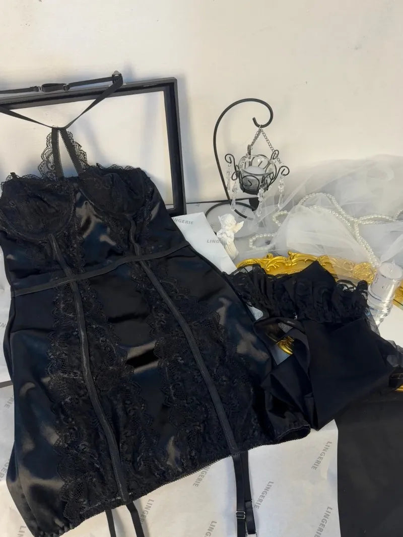 Toucheart Sexy Lace Jumpsuit Set for Women Solid Color Mesh Underwear Stocking Sexy Garters Nightgown Strapless Underwear Set