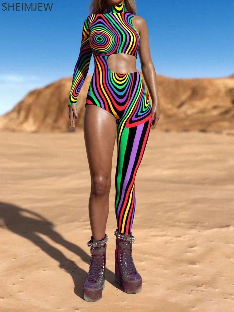 Colorful Irregular Art Striped Jumpsuit Women's Cyberpunk Role Play Costume Halloween Personality Half-sleeve Performance Tights