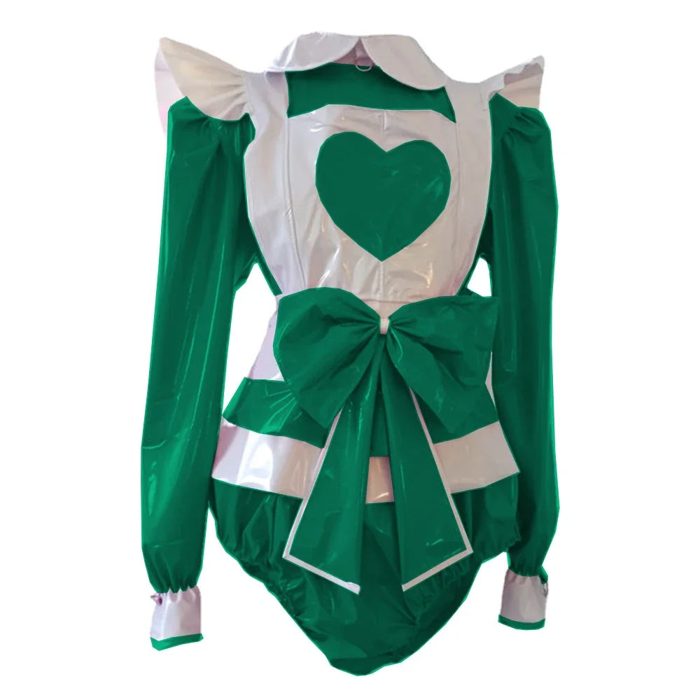 Long Sleeve heart Rompers Maid style with Big Bow Apron Spandex PVC Leather Cosplay Suits