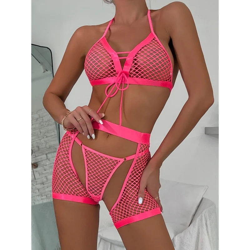 Bikini Fashion Sexy Lingerie Mesh See-through Sexy Soft Women's Three-Piece Suit