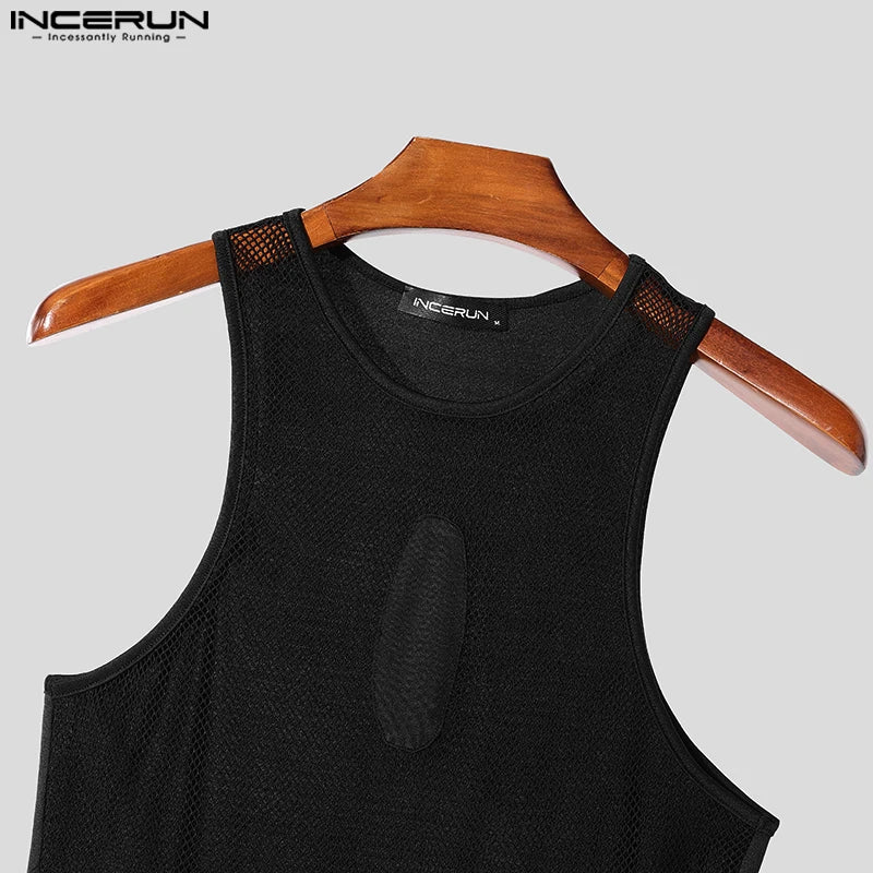 Sexy Stylish Style Homewear INCERUN Men Mesh Hollow See Through Jumpsuits Casual Fashion Patchwork Sleeveless Triangle Bodysuits