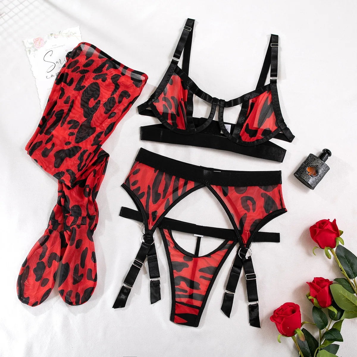 Toucheart 4-Piece Leopard Lingerie With Stocking Cut Out Bra Sensual Brief Sets See Through Lace Fancy Underwear Garter Suit New