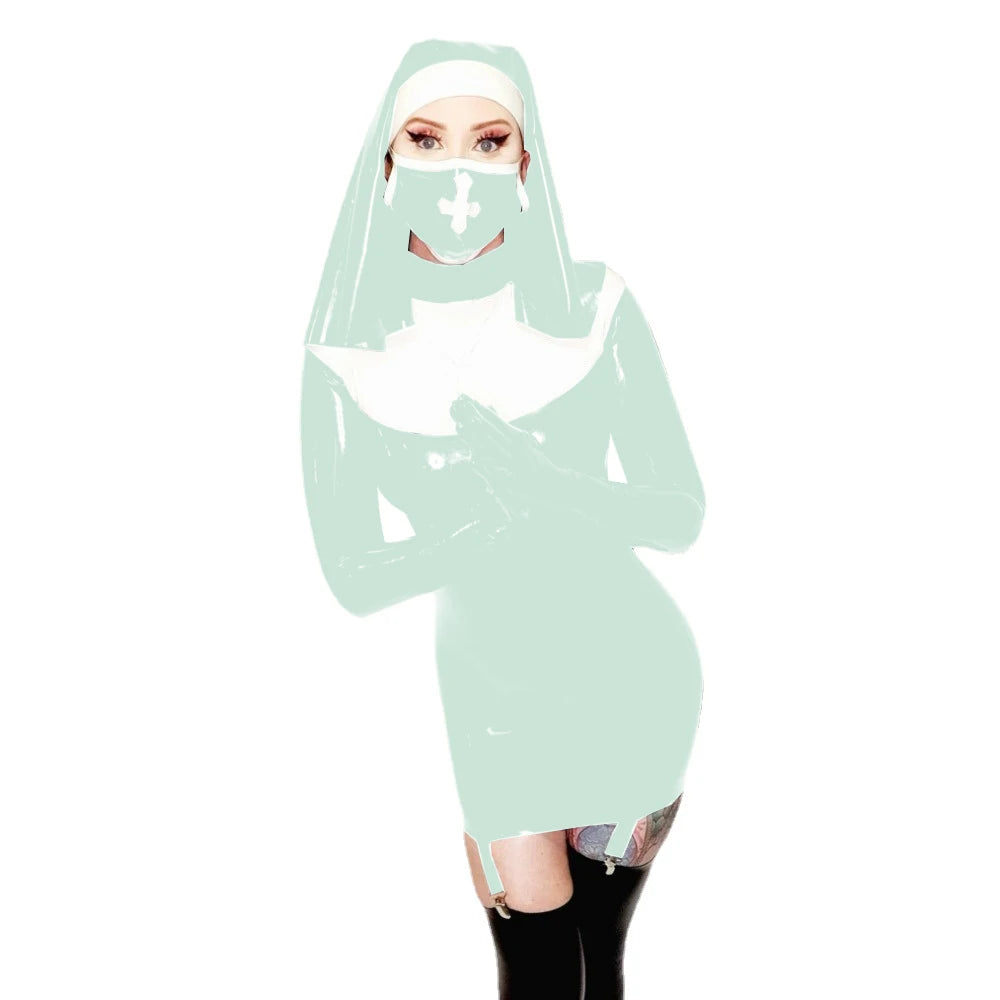 Sexy Nun Cosplay Long Sleeve Bodycon Mini Garter Dress Vinyl PVC Leather High Neck Nun Dress Outfit Halloween Nun Uniform Suit
