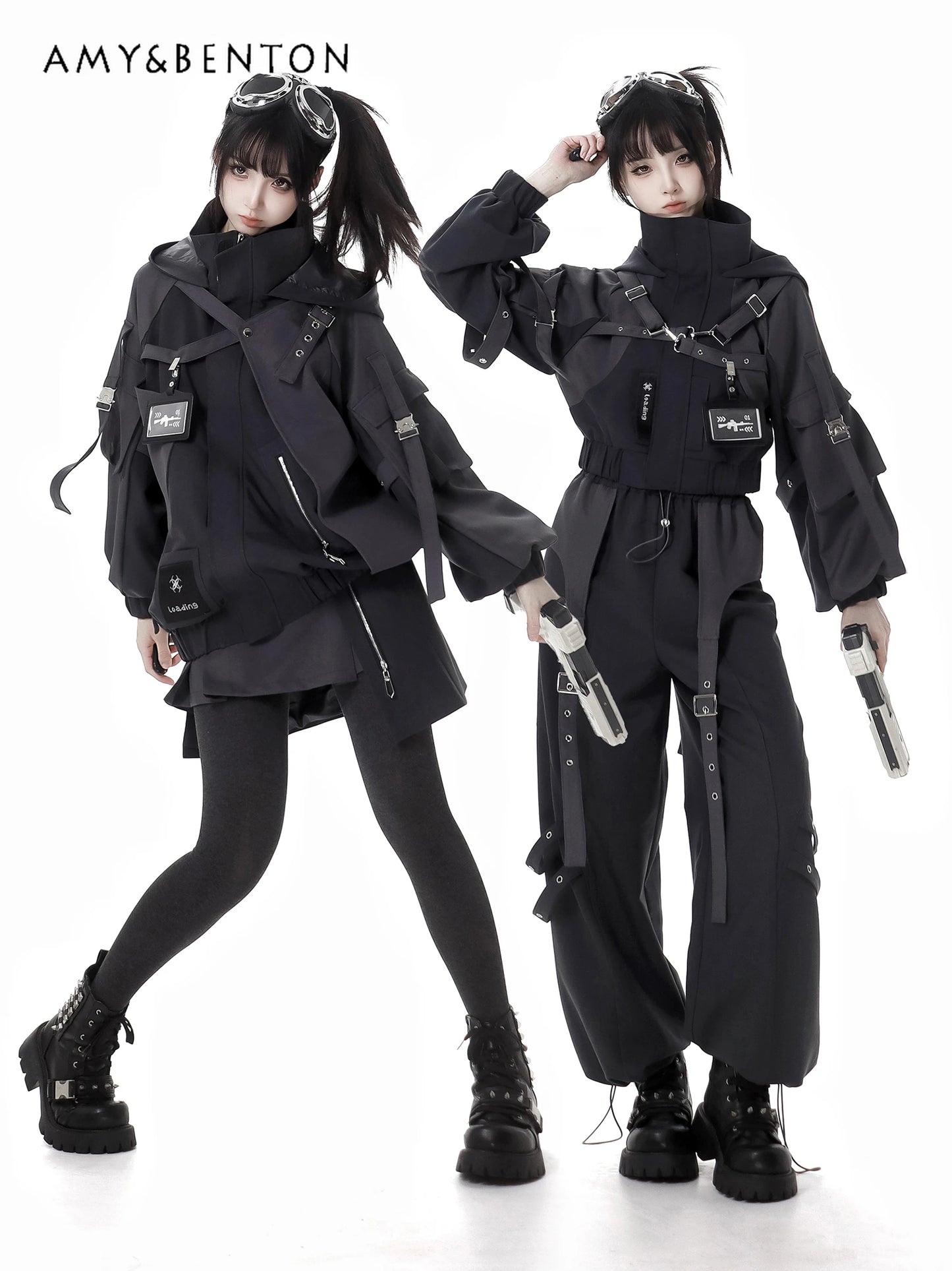 Gothic Splicing Mechanical Style Sets Sweet Cool Hooded Oversized Zipper Jacket Elastic Waist Casual Trousers Subculture Outfits