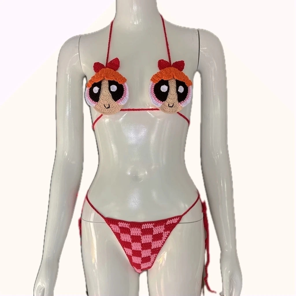 Red High Quality Handmade Crochet Micro Powerpuff Yellow Bikini Set Sexy String Brazil Beachwear Nice Cotton Holiday Swimwear