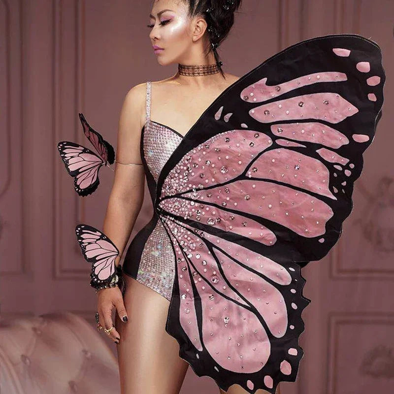Pink Butterfly Wings Rhinestones Bodysuit Dance Costume Women Party Show Performance Stage Wear Halloween Cosplay Costume