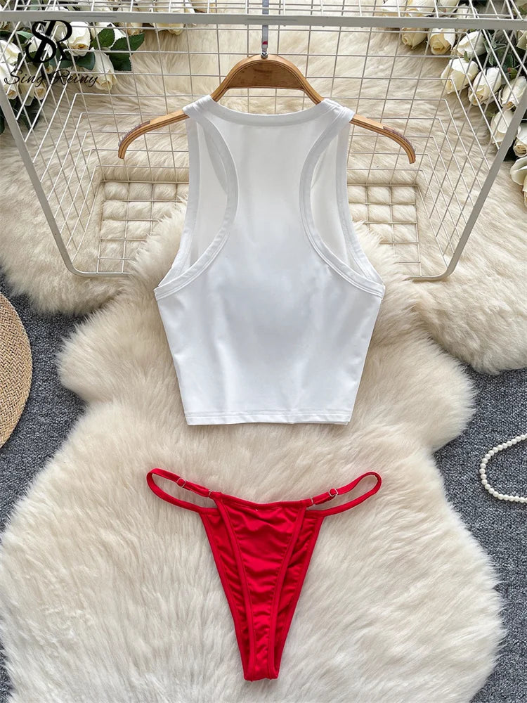Ashburn 2025 Fashion Print Beach Sets Summer Women Tank Top+Briefs Set Female Sheath Swimsuits Streetwear Sexy Bikini Suits