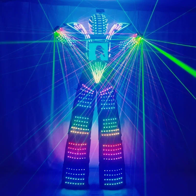 LED Robot Stilt Walking Costume Clothes Luminous Suit Jacket Chest Display Helmet Laser Gloves Party Stage Performance Costumes