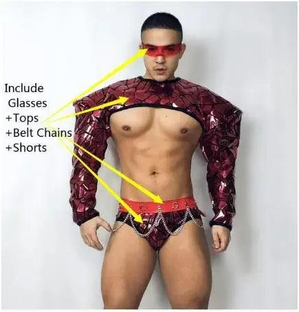 Club Party Show Performance costume Bar Nightclub sexy Technology show men RED Mirror Sequins Muscle Man Pole Dance Outfits