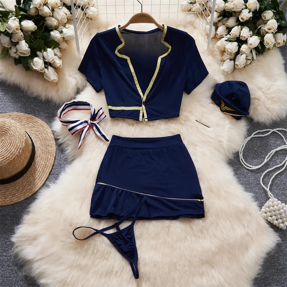Toucheart Preppy Style Sexy Uniform Sets Women Sexy Uniform Suit Sheer Top+Lace Up Mini Skirt+Thongs Hollow Cosplay Porn Suits