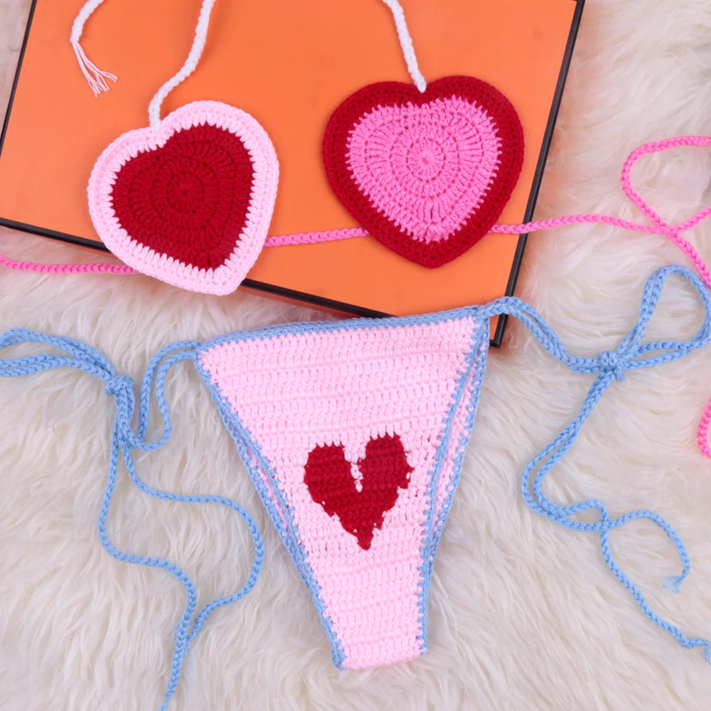 Summer Bikini 100% Handmade Brazilian Crochet Heart yarn Swimsuit Set Sexy Bathing Suit Red and Pink Hot Beachwear Swim Suits Custom