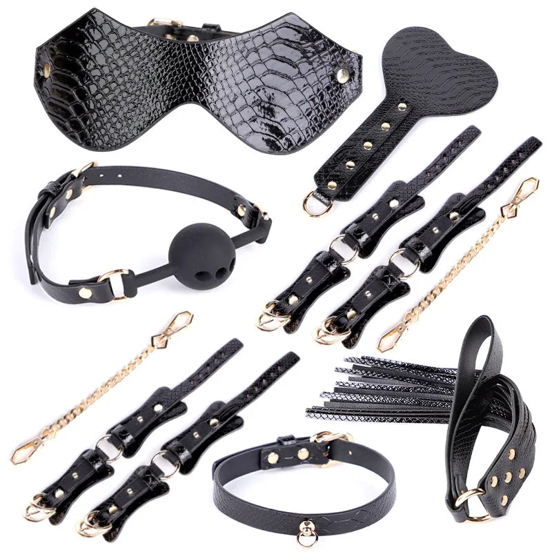 Genuine Leather BDSM Bondage Set - High Quality Fetish Handcuffs, Collar, Gag & Whip for Women, Couples Adult Erotic Sex Toys