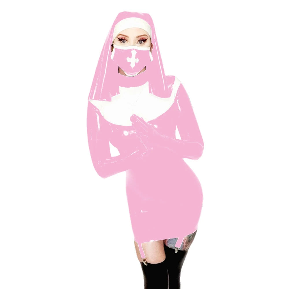 Sexy Nun Cosplay Long Sleeve Bodycon Mini Garter Dress Vinyl PVC Leather High Neck Nun Dress Outfit Halloween Nun Uniform Suit