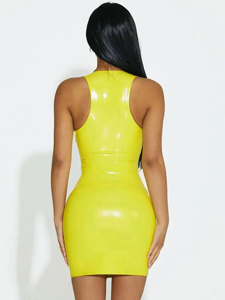 Sleevelss Wet Look PVC Vestido Deep V-neck Shiny PU Leather Hot Dress Tight Package Hip Minifalda Sexy Clubwear Camisole Dresses