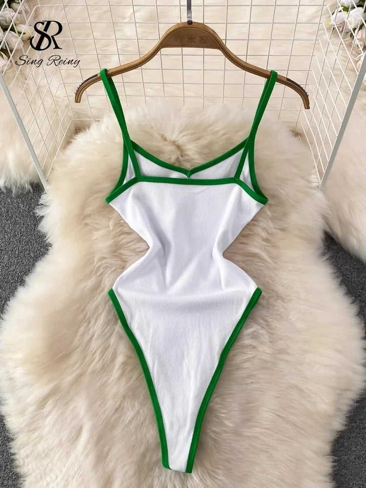 SINGREINY Summer Camis Open crotch Playsuits Sleevless Contrasting Slim Bodysuits 2024 Female Streetwear Sheath Vintage Rompers