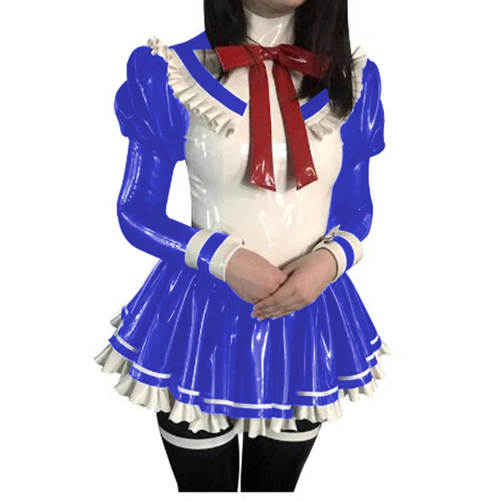 Cosplay Custom Mini Dress Sexy Faux Latex French Maid Club Dresses Long Puffs Sleeves Ruffles PVC Uniform Outfit Clubwear