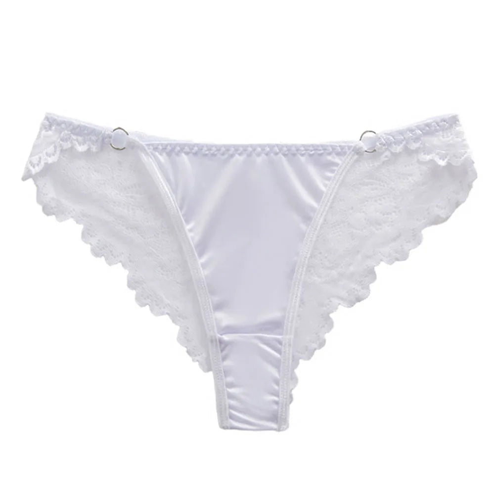 1pc Women's Satin Silky Knickers Sexy Bikini Briefs Underwear See Through Lace Panties Low Waist Female Thongs