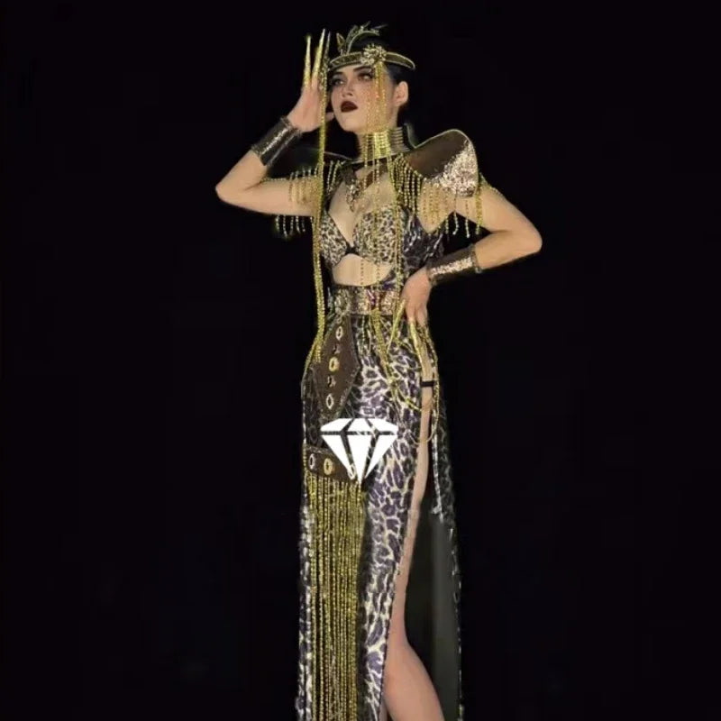 Sexy Gogo Dancer Costumes Halloween Festival Outfit Women Stage Show Rave Wear Gold Leopard Cutout Top Fringed Skirt