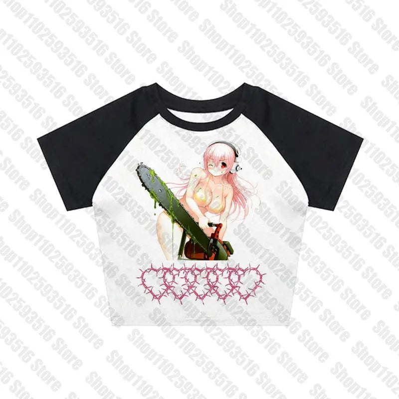Y2k Crop Top Summer Anime Print T-shirt Women Fashion Trash Slim Harajuku Fairy Punk Streetwear Vintage Goth Aesthetic Baby tee