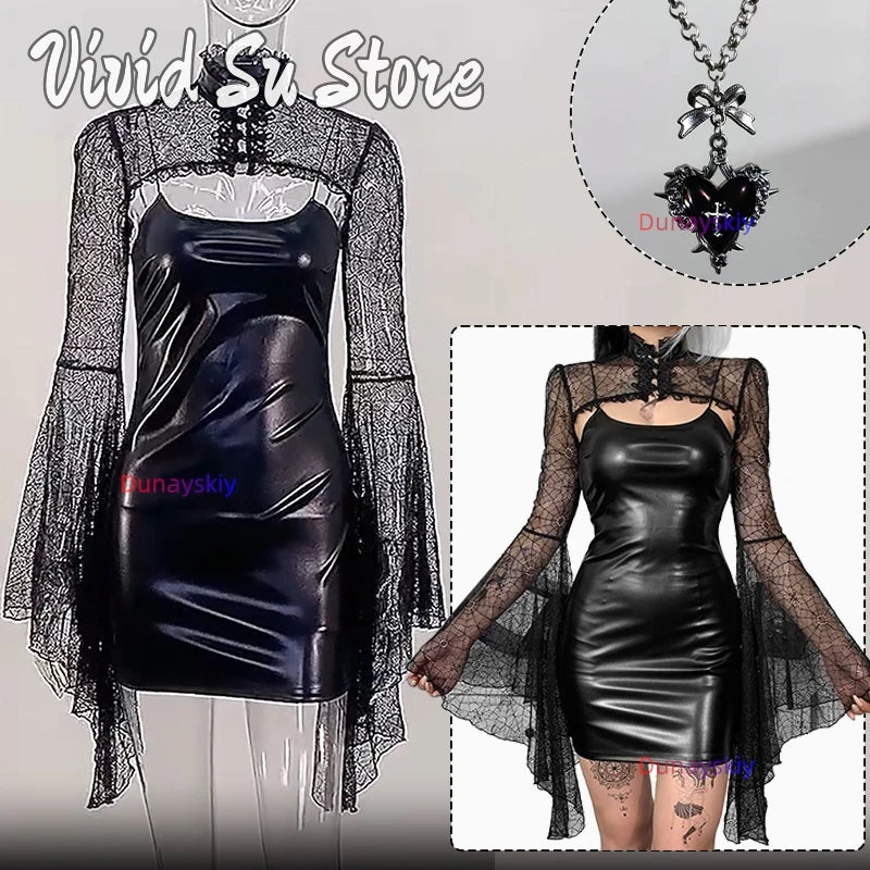 Dark Gothic Design Dresses Cosplay Costume Leather Sexy Vintage Lolita Horn Skirt lim Waist Sleeve Dress Two-piece Roleplay Suit