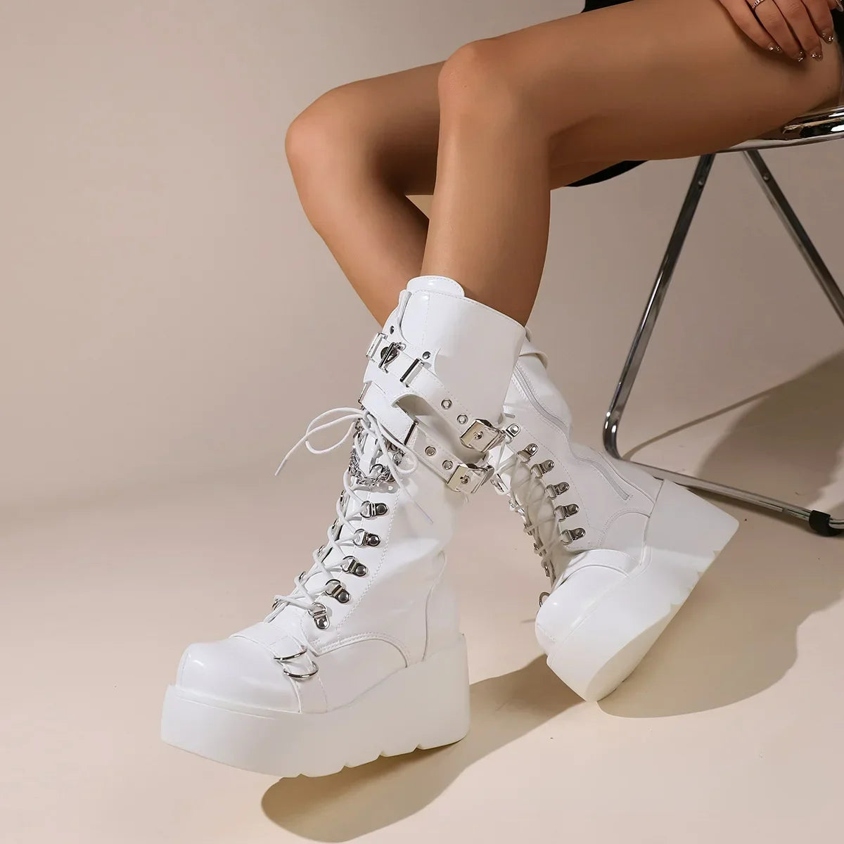 Platform Boots Riveted Buckle High Women's Boots Punk Spice Chic Biker Rider Boots