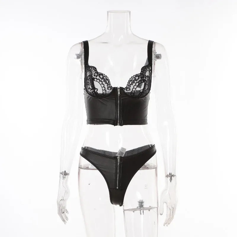 Toucheart Sexy PU Women's Underwear Solid Color With Zipper PU Patchwork Mesh Lace See Through Bra Set Sexy PU Underwear New