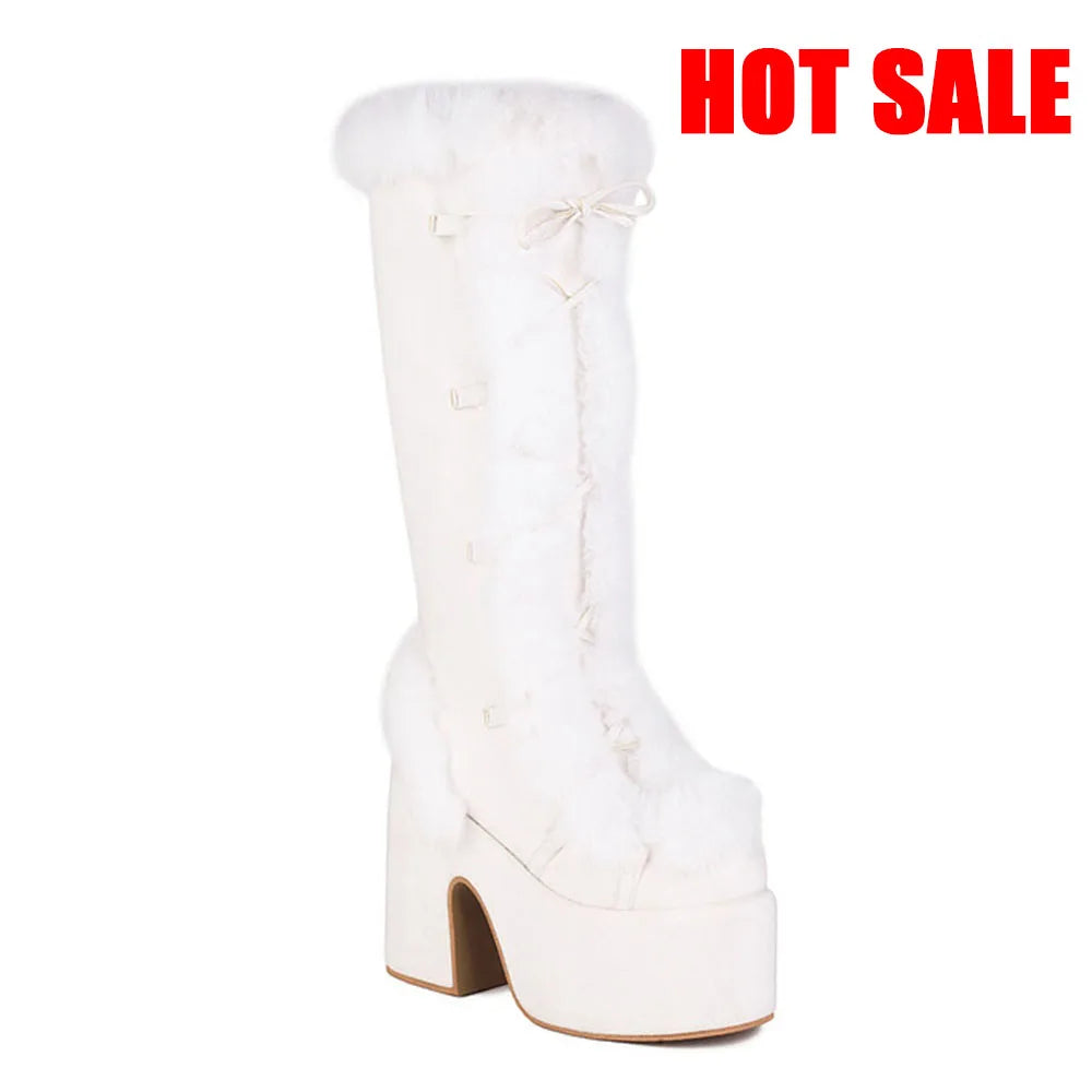 GIGIFOX Platform Furry Boots Chunky High Heeled Winter Autumn Knee High Boots Women Faux Fur Zip Gothic Style Punk Shoes Ladies