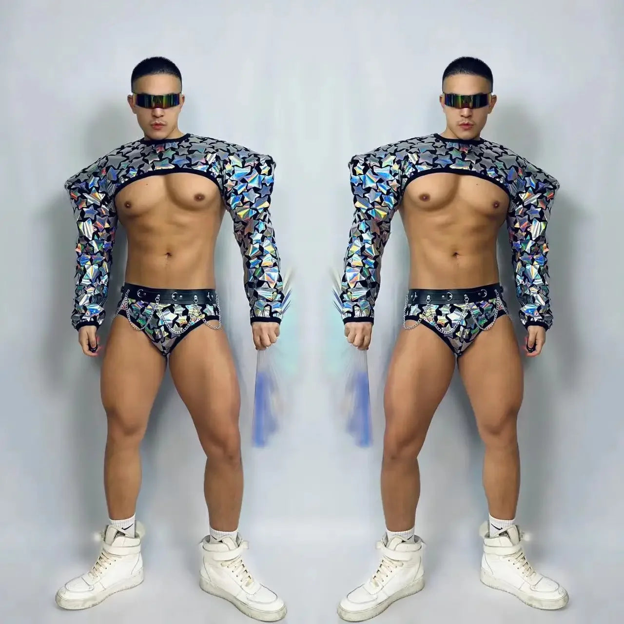 Club Party Show Performance costume Bar Nightclub sexy Technology show men RED Mirror Sequins Muscle Man Pole Dance Outfits