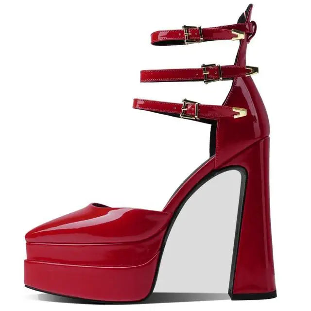 Pointed Toe Patent Leather Roman THICK HEELS Women's Platform Summer Thick High HeelS