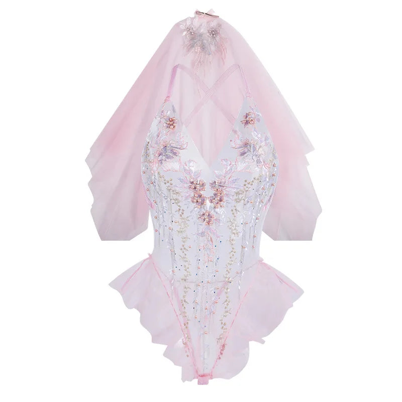 Sexy Bride Wedding Gown Veil Pajamas Cosplay Costume Women Embroidery Lace Flower Bodysuit See Through Girls Role Play Underwear