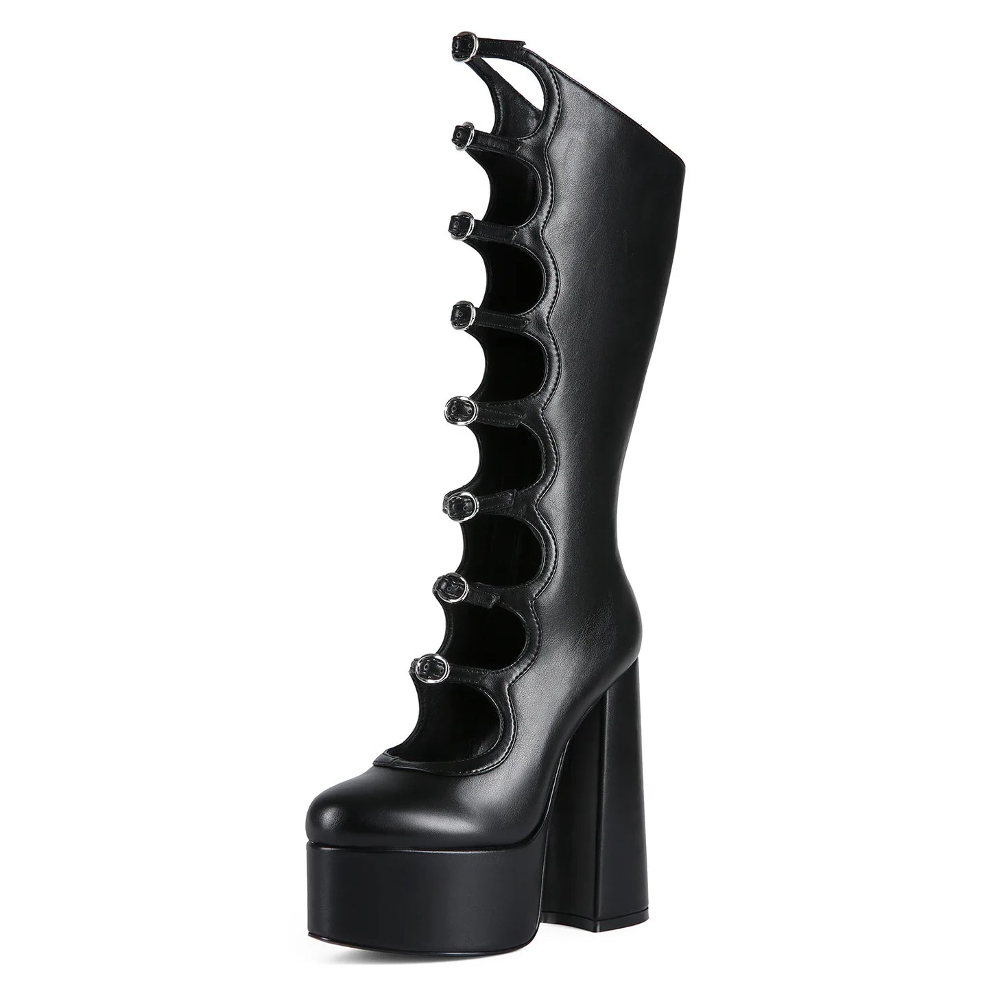 Thick Sole Black Hollow Calf Boots, Side Zipper Rough Square Heel Pole Dance Shoes, Super Heel Sexy Boots Large Size Footwear