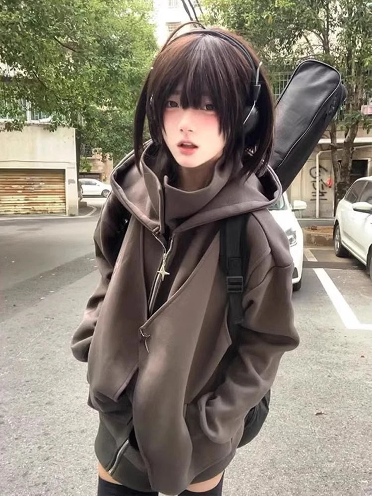 Fake Two Pieces Vintage Loose Zipper Sweatshirts Women Casual Streetwear Grunge Coats Y2k Aesthetic Oversized Stand Neck Hoodies